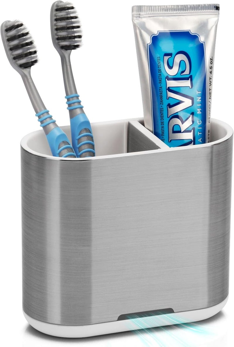 Chintu Toothbrush and Toothpaste Holder with Divider for Bathroom Countertop Organizer, 2 Slots Electric Toothbrush Holders Storage Caddy Drainage for Family, Kids (Brushed Silver) - Image 1